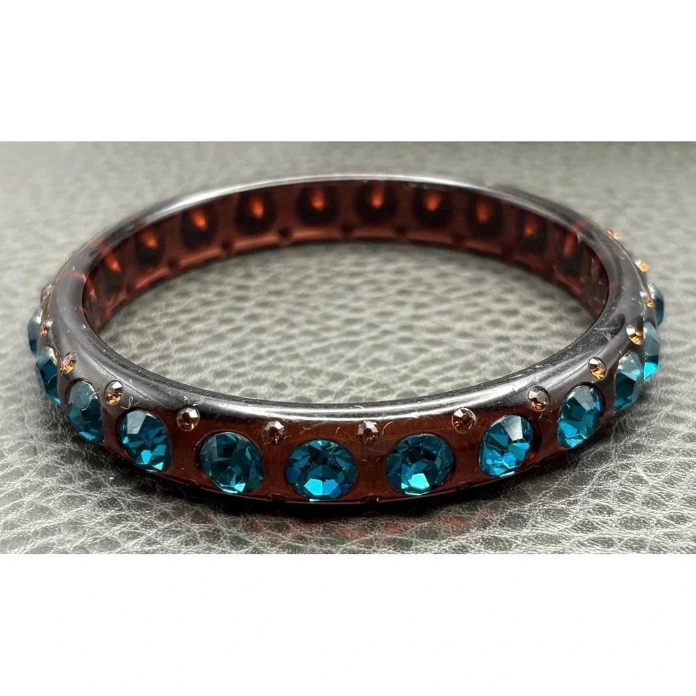 Vintage Teal Blue Crystal Rhinestone Bangle Bracelet Brown Lucite 8